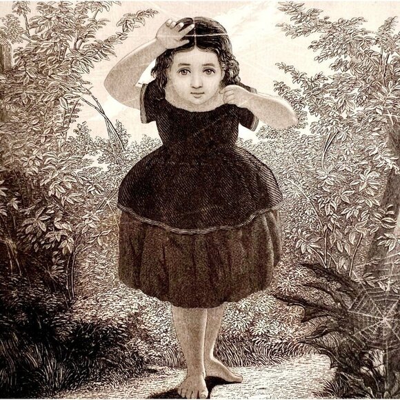 Cute Girl In Cobwebs Steel Engraving 1859 Victorian Family Farm Art DWY5D